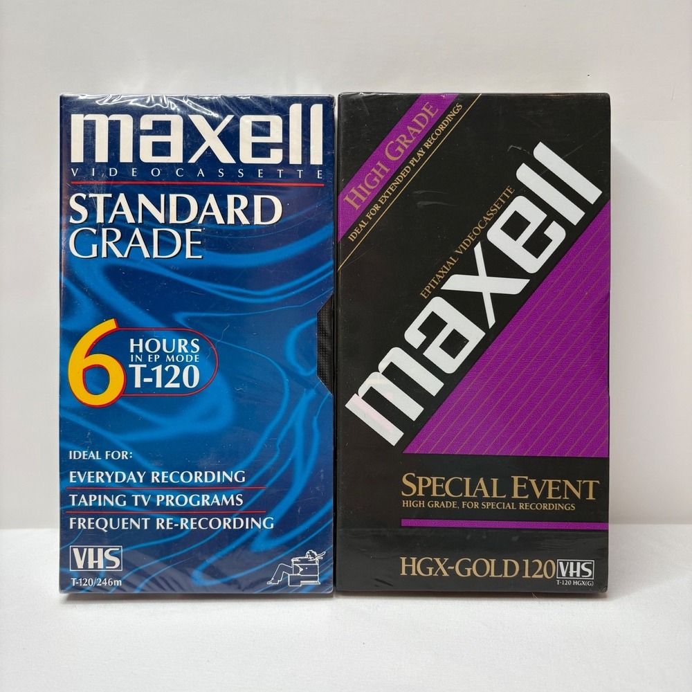 New Maxell VHS T-120 Blank Tapes‎ 2 Pack Standard Grade & HGX-Gold Special Event
